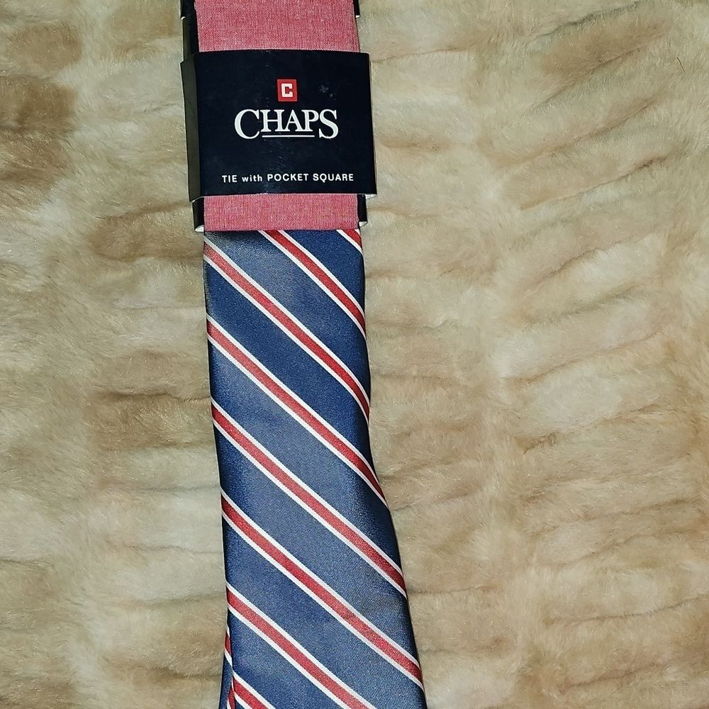 NWT Mens Chaps Tie Red, White, Blue Stripes With Red Pocket Square